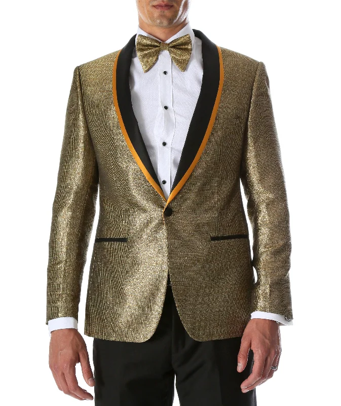 Men's Webber Black & Gold Modern Fit Shawl Collar Tuxedo Blazer - Young Man’s Prom Wear Polished Men's Silk