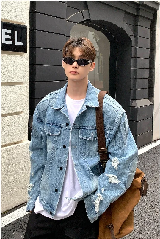 Lapel Collar Ripped Denim Jacket Laid