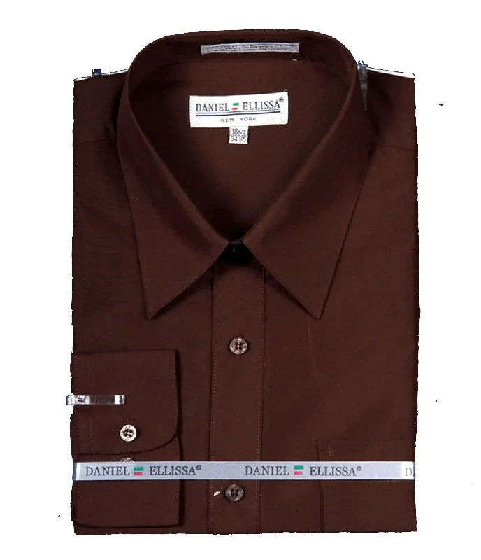 Men's Basic Dress Shirt  with Convertible Cuff -Color Dark Brown Refined Men's European