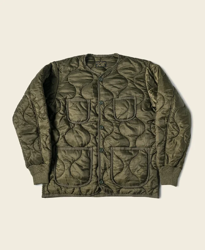 Military Style Quilted Padded Ripstop Nylon Jacket - Olive Casual Men's Loose